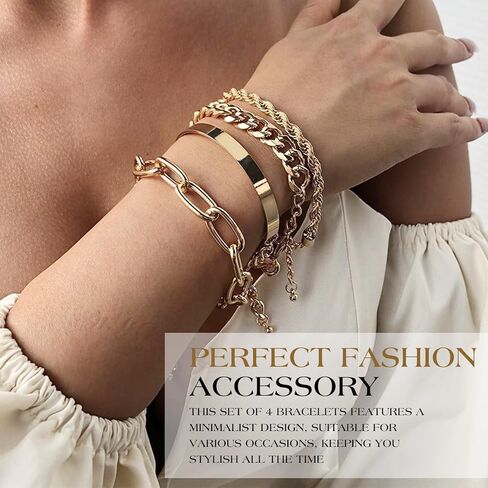 Chain Bracelets Set for Women - 18K Real Gold Plated Link Chain, Trendy Stackable Cuff Bracelets, Adjustable Jewelry Gifts in Saudi Arabia