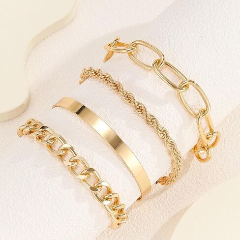 Chain Bracelets Set for Women - 18K Real Gold Plated Link Chain, Trendy Stackable Cuff Bracelets, Adjustable Jewelry Gifts in Saudi Arabia