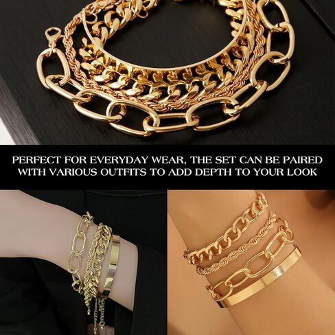 Chain Bracelets Set for Women - 18K Real Gold Plated Link Chain, Trendy Stackable Cuff Bracelets, Adjustable Jewelry Gifts in Saudi Arabia