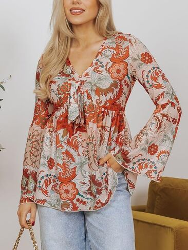 ​Women's Floral T-Shirt with Deep V-Neck and Bell Sleeves, Casual Top​ in Saudi Arabia