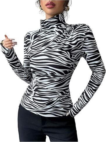 Milumia Women's Zebra Print Long Sleeve Tops Mock Neck Fitted Tee T Shirts in Saudi Arabia