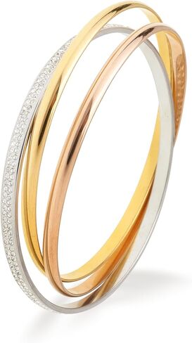 Frigotine Chunky Triple Tone Rose Silver Yellow Gold Interlocking Stackable Bangle Bracelets for Woman, Simple Cubic Zirconia Bangles Stainless Steel Bracelet Set Trendy Statement Jewelry Gifts in Saudi Arabia