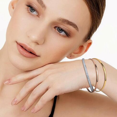 Frigotine Chunky Triple Tone Rose Silver Yellow Gold Interlocking Stackable Bangle Bracelets for Woman, Simple Cubic Zirconia Bangles Stainless Steel Bracelet Set Trendy Statement Jewelry Gifts in Saudi Arabia