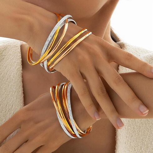 Frigotine Chunky Triple Tone Rose Silver Yellow Gold Interlocking Stackable Bangle Bracelets for Woman, Simple Cubic Zirconia Bangles Stainless Steel Bracelet Set Trendy Statement Jewelry Gifts in Saudi Arabia