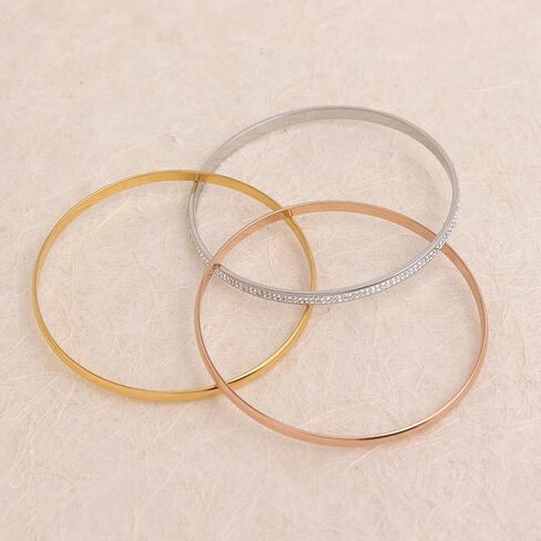 Frigotine Chunky Triple Tone Rose Silver Yellow Gold Interlocking Stackable Bangle Bracelets for Woman, Simple Cubic Zirconia Bangles Stainless Steel Bracelet Set Trendy Statement Jewelry Gifts in Saudi Arabia