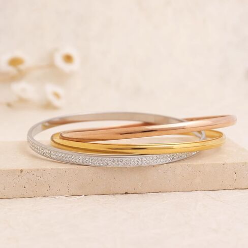 Frigotine Chunky Triple Tone Rose Silver Yellow Gold Interlocking Stackable Bangle Bracelets for Woman, Simple Cubic Zirconia Bangles Stainless Steel Bracelet Set Trendy Statement Jewelry Gifts in Saudi Arabia