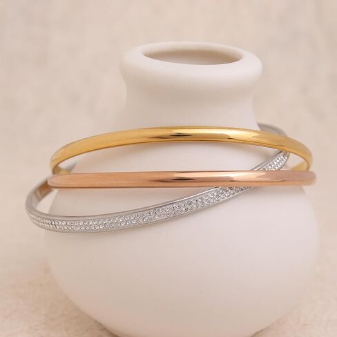 Frigotine Chunky Triple Tone Rose Silver Yellow Gold Interlocking Stackable Bangle Bracelets for Woman, Simple Cubic Zirconia Bangles Stainless Steel Bracelet Set Trendy Statement Jewelry Gifts in Saudi Arabia