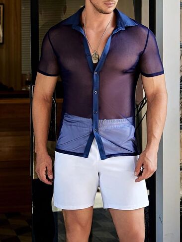 Men's Sheer Mesh Shirts See Through Collared Tops Party Clubwear in Saudi Arabia