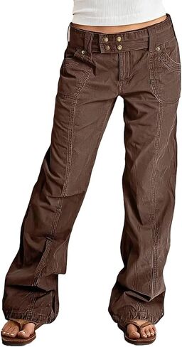 Flamingals Womens Wide Straight Leg Cargo Pants Mid Waist Y2K Vintage Washed Seam Front Belted Streetwear Trousers Pants in Kuwait