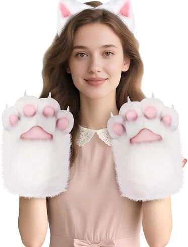 HappyJamJams Soft Furry Cat Paws Claws Golves Built-in Whistle Decompression Mittens Cosplay Halloween Party in Saudi Arabia