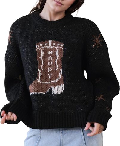 Women’s Oversized Knit Sweater – Cowboy Boots Graphic Pullover with Drop Shoulder, Long Sleeve, Western Style in Saudi Arabia