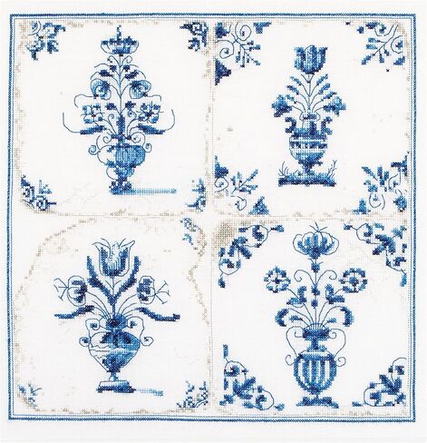 Thea Gouverneur - Counted Cross Stitch Kit - Delft Blue Houses - Aida - 18 Count - Embroidery Kit for Adults - DMC Embroidery Threads and Other Cross Stitch Supplies Included - 552A in Kuwait