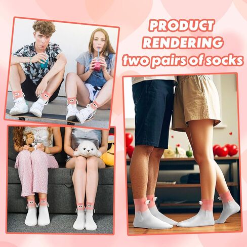 2 Pairs Holding Hands Socks Magnetic Suction 3D Doll Couple Sock for Unisex Adults Funny Socks Gifts for Wedding Anniversary Day Lovers Coworkers Buddies,White Pink in Saudi Arabia