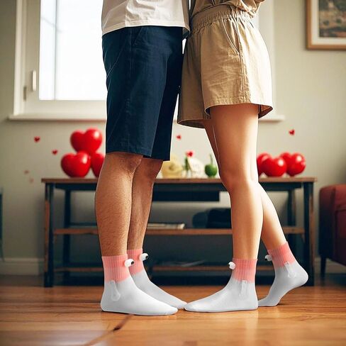 2 Pairs Holding Hands Socks Magnetic Suction 3D Doll Couple Sock for Unisex Adults Funny Socks Gifts for Wedding Anniversary Day Lovers Coworkers Buddies,White Pink in Saudi Arabia