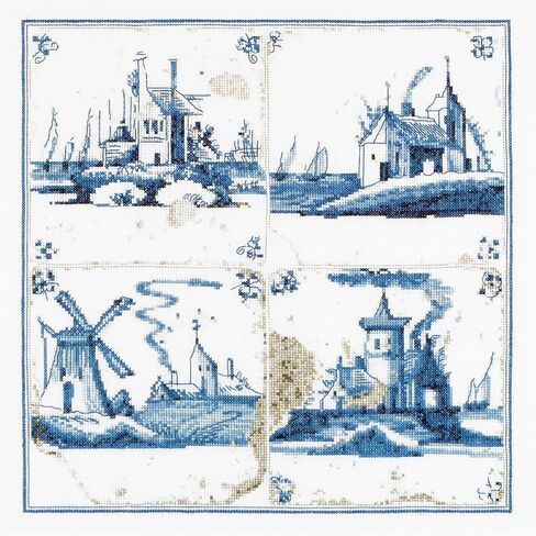 Thea Gouverneur - Counted Cross Stitch Kit - Delft Blue Houses - Aida - 18 Count - Embroidery Kit for Adults - DMC Embroidery Threads and Other Cross Stitch Supplies Included - 552A in Kuwait