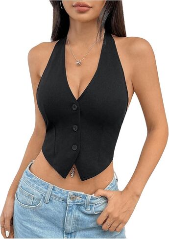 Floerns Women's Y2k Button Down Halter Tops Tie Backless Club Night Out Crop Tank Top in Saudi Arabia