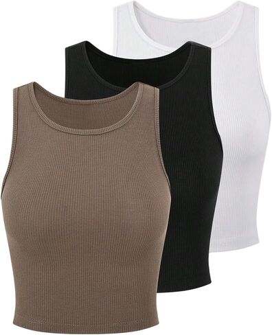 OYOANGLE Women's 3 Pack Ribbed Crop Tank Top Crew Neck Basic Solid Sleeveless Fitted Tops Undershirts in Saudi Arabia