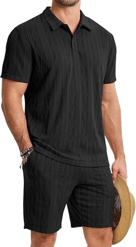 JMIERR Mens 2026 Casual 2 Piece Outfits Lounge Sets Jacquard Knit Short Sets Golf Short Sleeve Outfits for Beach Vacation in Saudi Arabia
