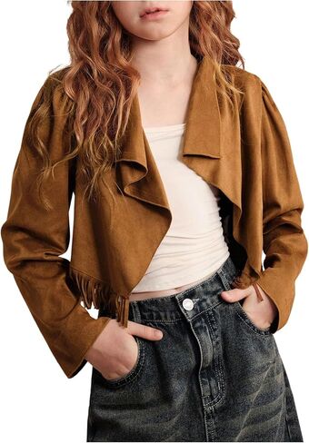 MakeMeChic Girl's Faux Suede Fringe Cropped Jacket Puff Sleeve Open Front Y2K Cowgirl Coat in Saudi Arabia