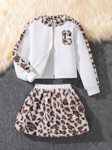 Girls 2 Piece Leopard Faux Fur Outfit Set Warm Fleece Zip Up Jacket with High Neck and Pocket Skirt Winter Fashion Clothes in Saudi Arabia