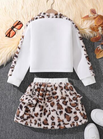 Girls 2 Piece Leopard Faux Fur Outfit Set Warm Fleece Zip Up Jacket with High Neck and Pocket Skirt Winter Fashion Clothes in Saudi Arabia