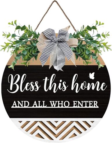 Bless This Home And All Who Enter Wooden Front Door Sign Decoration Hanging Christian Home Porch Wall Decor Welcome Porch Wall Sign with Bow-knot Wreath Gift for Entryway Porch Front Door in Saudi Arabia