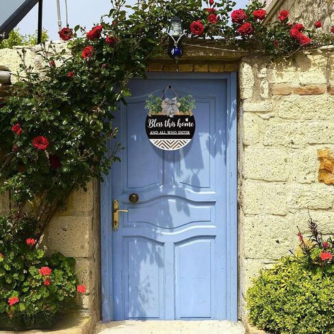 Bless This Home And All Who Enter Wooden Front Door Sign Decoration Hanging Christian Home Porch Wall Decor Welcome Porch Wall Sign with Bow-knot Wreath Gift for Entryway Porch Front Door in Saudi Arabia