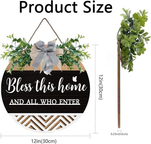 Bless This Home And All Who Enter Wooden Front Door Sign Decoration Hanging Christian Home Porch Wall Decor Welcome Porch Wall Sign with Bow-knot Wreath Gift for Entryway Porch Front Door in Saudi Arabia