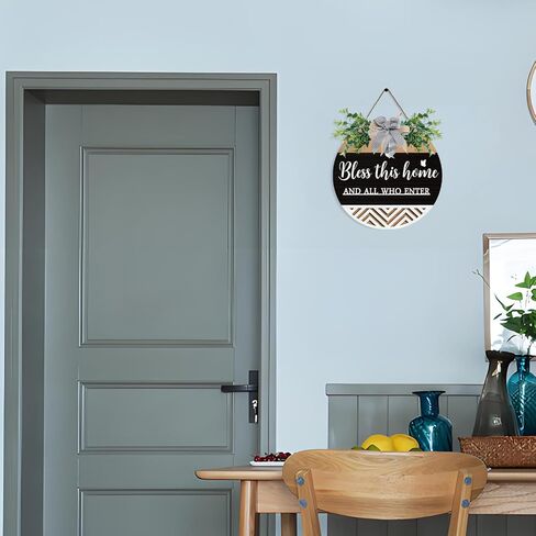 Bless This Home And All Who Enter Wooden Front Door Sign Decoration Hanging Christian Home Porch Wall Decor Welcome Porch Wall Sign with Bow-knot Wreath Gift for Entryway Porch Front Door in Saudi Arabia