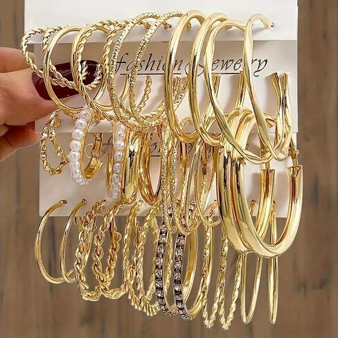 18 Pairs أقراط طارة ذهب مجموعة النساء لامعة الاصطناعية تشيكوسلوفاكيا كبيرة هوب طقم من الحلقان موضة تويست أقراط خاتم هدايا مجوهرات أنيقة in Saudi Arabia