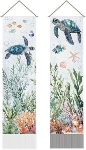 AHANDMAKER Pack of 2 Marine Life Tapestries, Turtle Starfish Coral Fish Seaweed Shell Vertical Long Aesthetic Tapestry, Doorway Curtain Tassel Wall Hanging for Bedroom Living Room, 13 x 51 Inch in Saudi Arabia