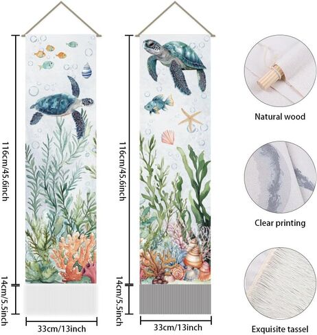 AHANDMAKER Pack of 2 Marine Life Tapestries, Turtle Starfish Coral Fish Seaweed Shell Vertical Long Aesthetic Tapestry, Doorway Curtain Tassel Wall Hanging for Bedroom Living Room, 13 x 51 Inch in Saudi Arabia