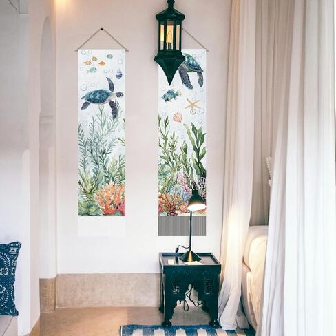 AHANDMAKER Pack of 2 Marine Life Tapestries, Turtle Starfish Coral Fish Seaweed Shell Vertical Long Aesthetic Tapestry, Doorway Curtain Tassel Wall Hanging for Bedroom Living Room, 13 x 51 Inch in Saudi Arabia