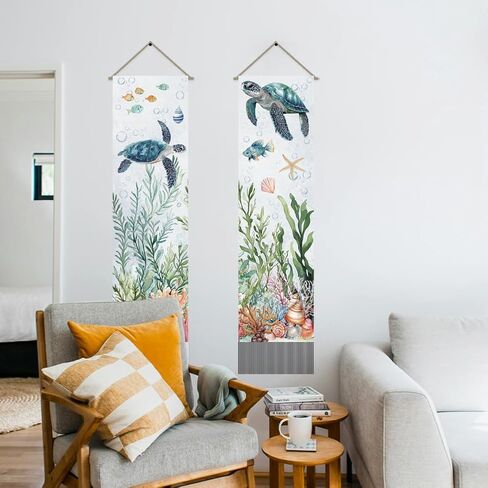 AHANDMAKER Pack of 2 Marine Life Tapestries, Turtle Starfish Coral Fish Seaweed Shell Vertical Long Aesthetic Tapestry, Doorway Curtain Tassel Wall Hanging for Bedroom Living Room, 13 x 51 Inch in Saudi Arabia
