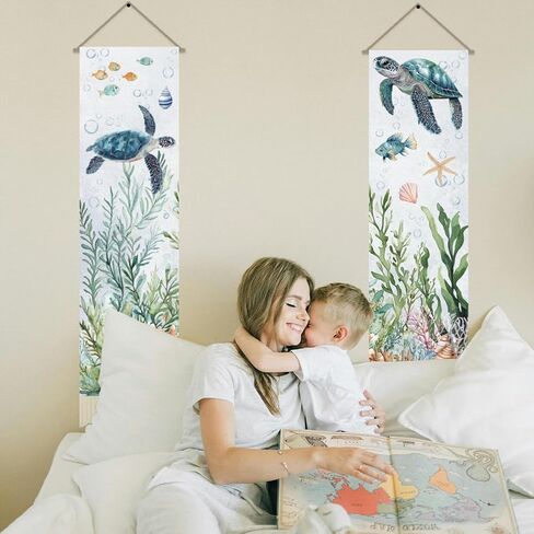 AHANDMAKER Pack of 2 Marine Life Tapestries, Turtle Starfish Coral Fish Seaweed Shell Vertical Long Aesthetic Tapestry, Doorway Curtain Tassel Wall Hanging for Bedroom Living Room, 13 x 51 Inch in Saudi Arabia