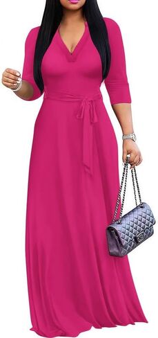 MarryUP Elegant Church Maxi Dresses for Women Plus Size V-Neck 3/4 Sleeve Casual Fall Dress with Pockets in Saudi Arabia