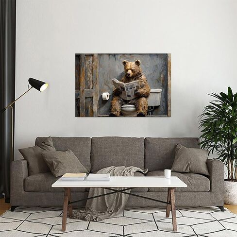 Bear Reading Newspaper on Toilet Vintage Rustic Canvas Wall Art - 12x18in Unframed Poster- Home & Office Decor for Living Room, Bedroom, Kitchen & Cafe in Saudi Arabia