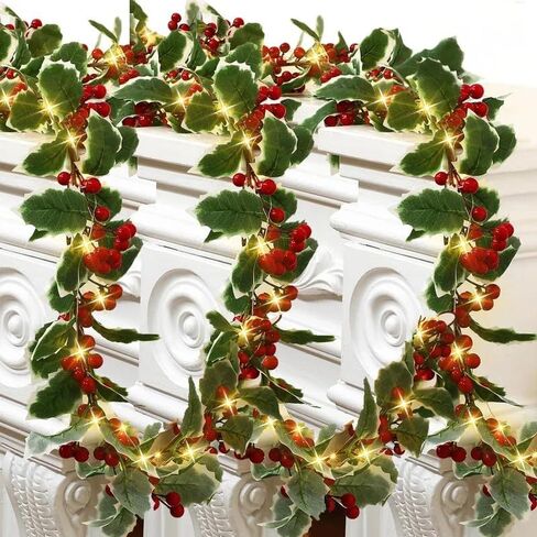 2M Artificial Plants Christmas Holly Berry Vines Fake Green Leaves Hanging Garlands with for DIY Home Party Christmas Decor,White in Saudi Arabia