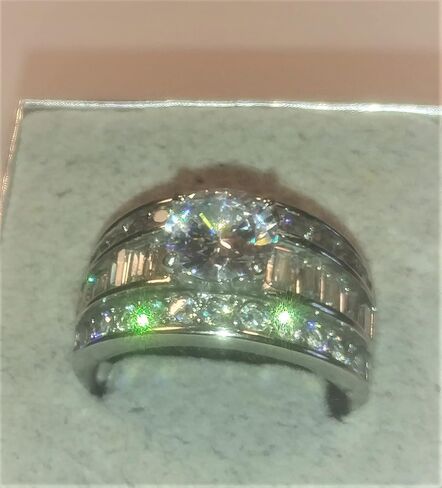 Nationalonlinediscounts Bold Round Cut Cubic Zirconia Wide Band w Baguettes Engagement Promise CZ Ring in Saudi Arabia