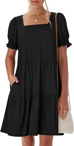 ANRABESS Women Summer Square Neck Puff Short Sleeve Mini Dress 2026 Casual Flowy Sundress Beach Vacation Clothes with Pockets in Saudi Arabia