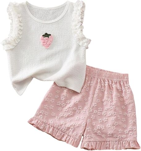 Floerns Girl's 2 Piece Outfits Cute Strawberry Embroidery Tank Top and Ruffle Shorts Clothing Sets in Saudi Arabia