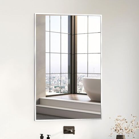 22 x 34 Brushed Nickel Bathroom Mirror – Silver Framed Bathroom Vanity Mirror, Bathroom Mirrors for Over Sink, Modern Bathroom Mirror, Sleek Mirror with Rust Proof Features in Saudi Arabia