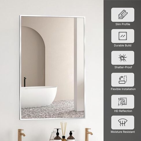 22 x 34 Brushed Nickel Bathroom Mirror – Silver Framed Bathroom Vanity Mirror, Bathroom Mirrors for Over Sink, Modern Bathroom Mirror, Sleek Mirror with Rust Proof Features in Saudi Arabia