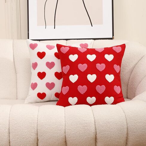 WOKANI Valentines Day Throw Pillow Covers 18x18 Set of 2 Heart Love Couples Decorations Embroidery Cushion Covers Home Decor for Couch Girlfriend Sofa Bedroom, White Red Pink in Saudi Arabia