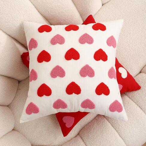 WOKANI Valentines Day Throw Pillow Covers 18x18 Set of 2 Heart Love Couples Decorations Embroidery Cushion Covers Home Decor for Couch Girlfriend Sofa Bedroom, White Red Pink in Saudi Arabia