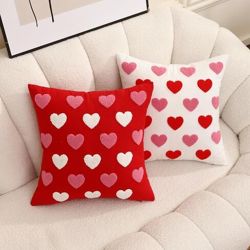 WOKANI Valentines Day Throw Pillow Covers 18x18 Set of 2 Heart Love Couples Decorations Embroidery Cushion Covers Home Decor for Couch Girlfriend Sofa Bedroom, White Red Pink in Saudi Arabia