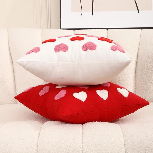 WOKANI Valentines Day Throw Pillow Covers 18x18 Set of 2 Heart Love Couples Decorations Embroidery Cushion Covers Home Decor for Couch Girlfriend Sofa Bedroom, White Red Pink in Saudi Arabia