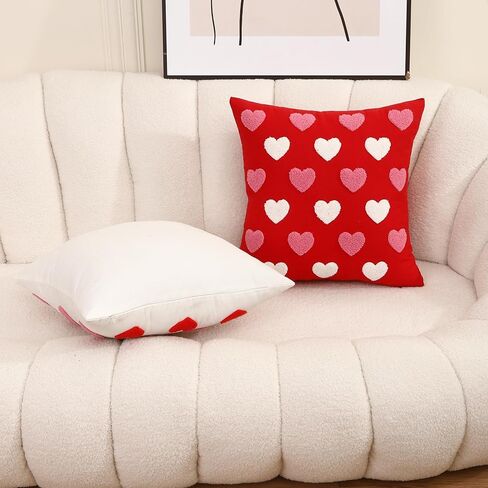 WOKANI Valentines Day Throw Pillow Covers 18x18 Set of 2 Heart Love Couples Decorations Embroidery Cushion Covers Home Decor for Couch Girlfriend Sofa Bedroom, White Red Pink in Saudi Arabia