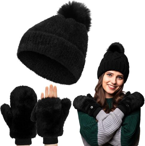 Chicingyou Winter Beanie Hat Gloves Set Furry Hat with Yarn Pom Warm Skull Cap Soft Gloves for Women in Saudi Arabia