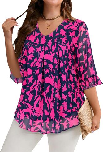 Amrto Plus Size Tops for Women Chiffon Ruffle 3/4 Sleeve Tunic Chiffon Blouses V Neck Casual Shirts XL-5XL in Kuwait